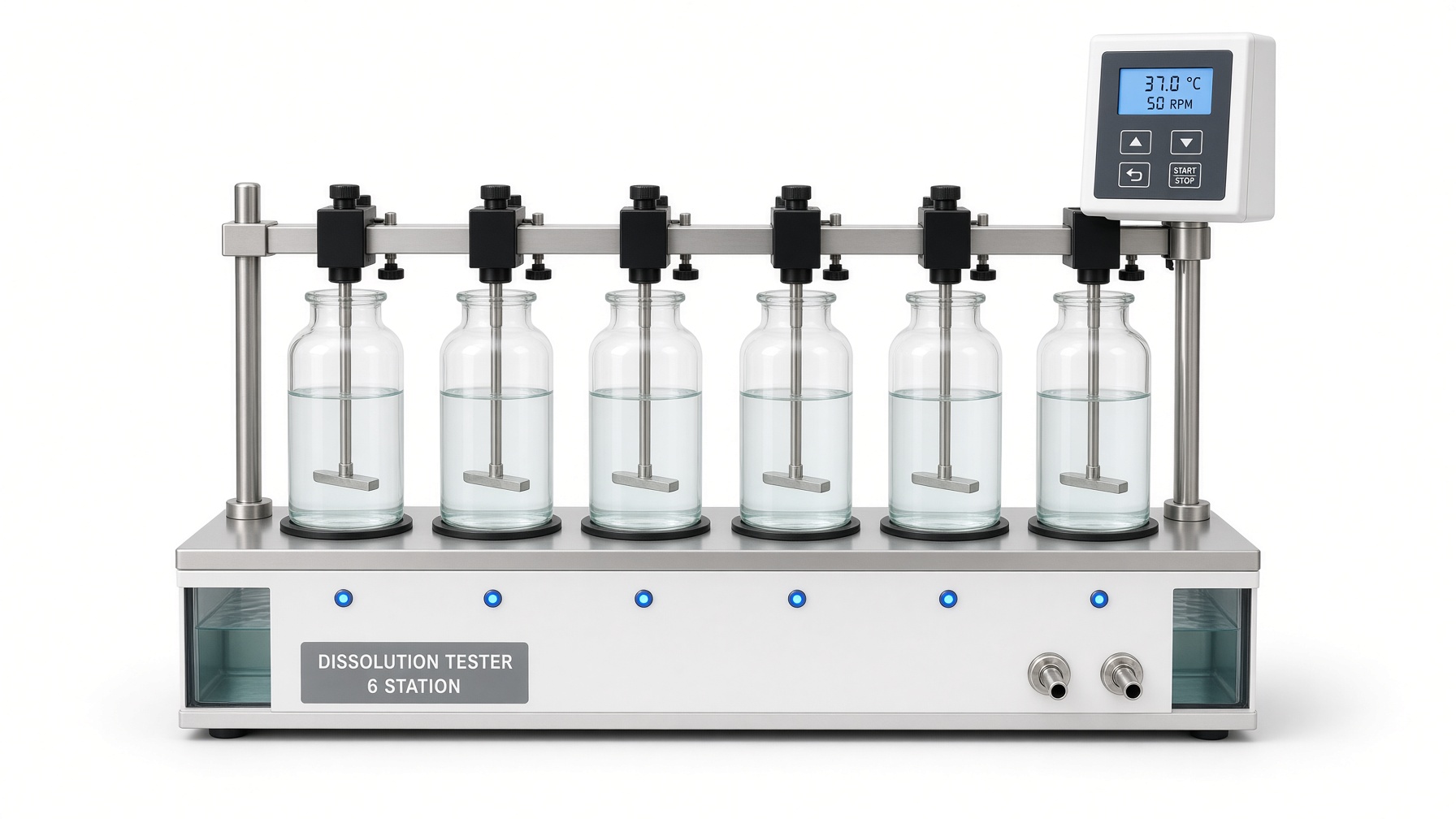 Six-vessel dissolution tester with empty glass vessels