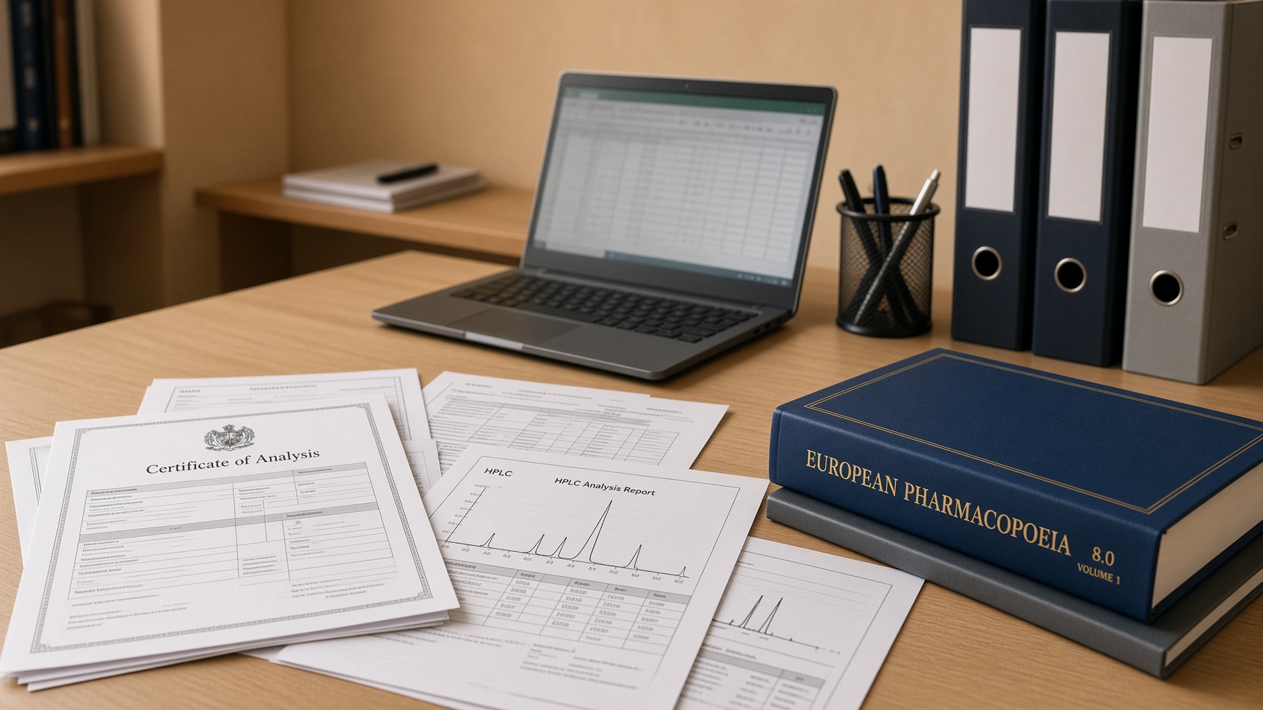 Certificates of analysis on a quality-office desk